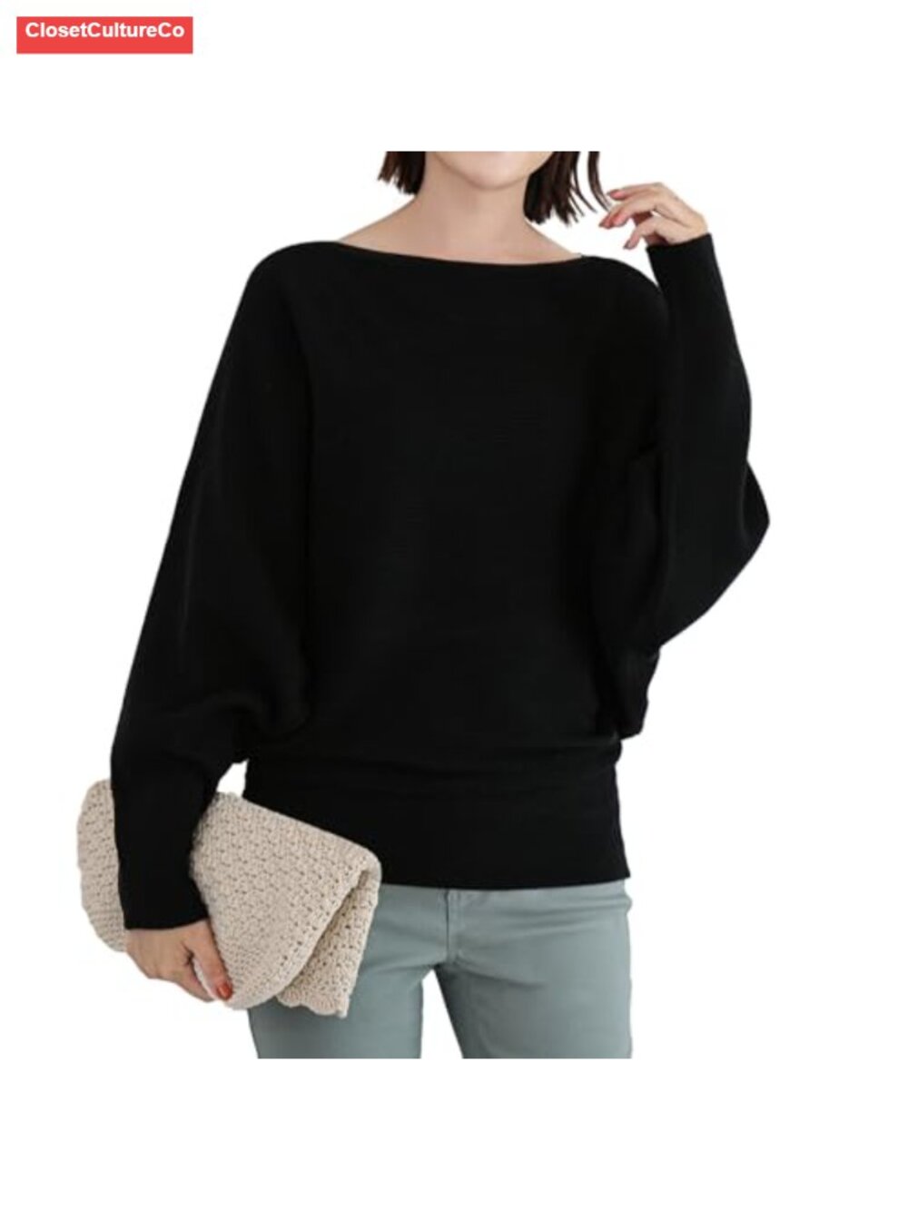 Women's Batwing Long Sleeve Pullover Sweater Oversize Boat Neck Ribbed Knit